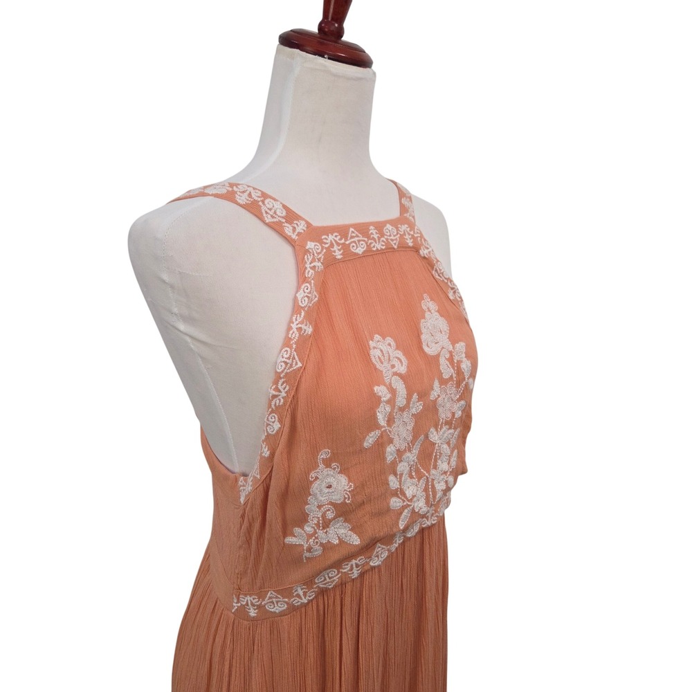 En Creme Orange Rayon Maxi Dress Large Embroidered Floral Halter Boho Summer - Picture 6 of 16